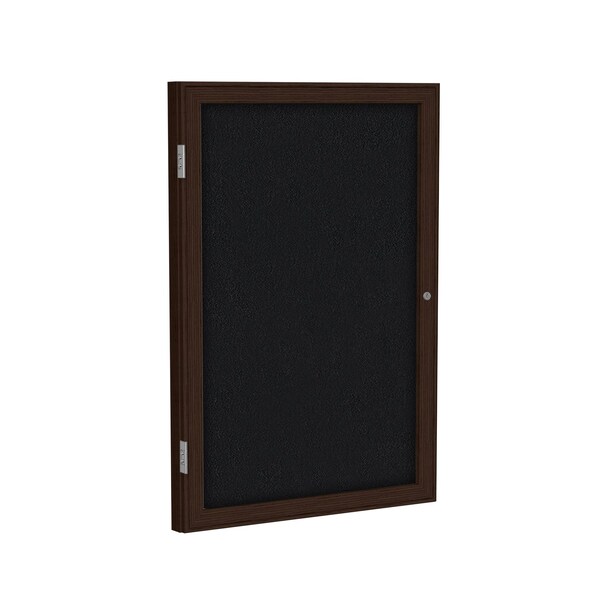 Enclosed Bulletin Board, 1 Door, Fabric, Walnut Frame, 2 ft H x 18 in W, Black